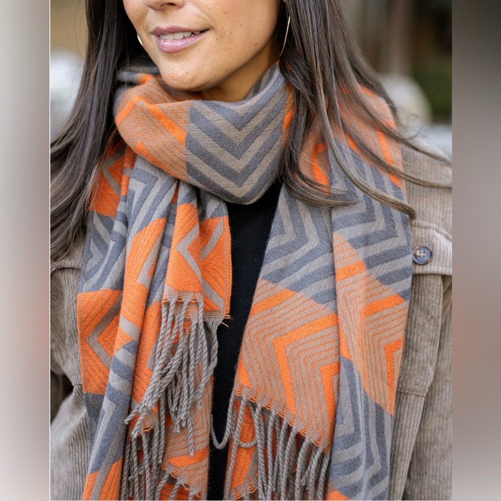 Grace & Lace Grey Orange Chevron Scarf NWT